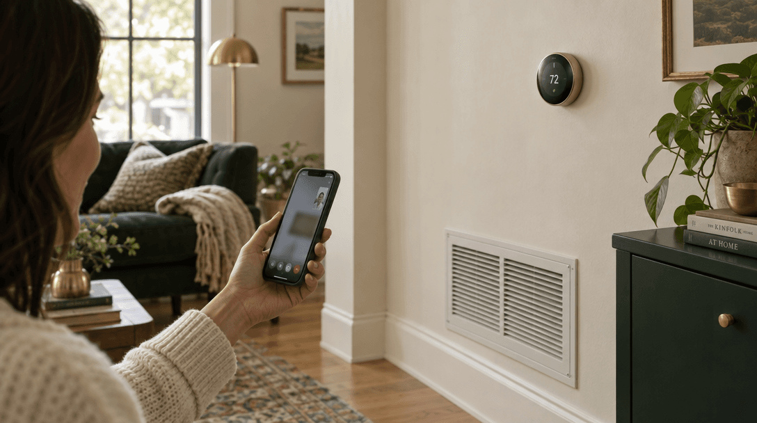 A homeowner holds a phone beside an indoor thermostat during an HVAC conversation.